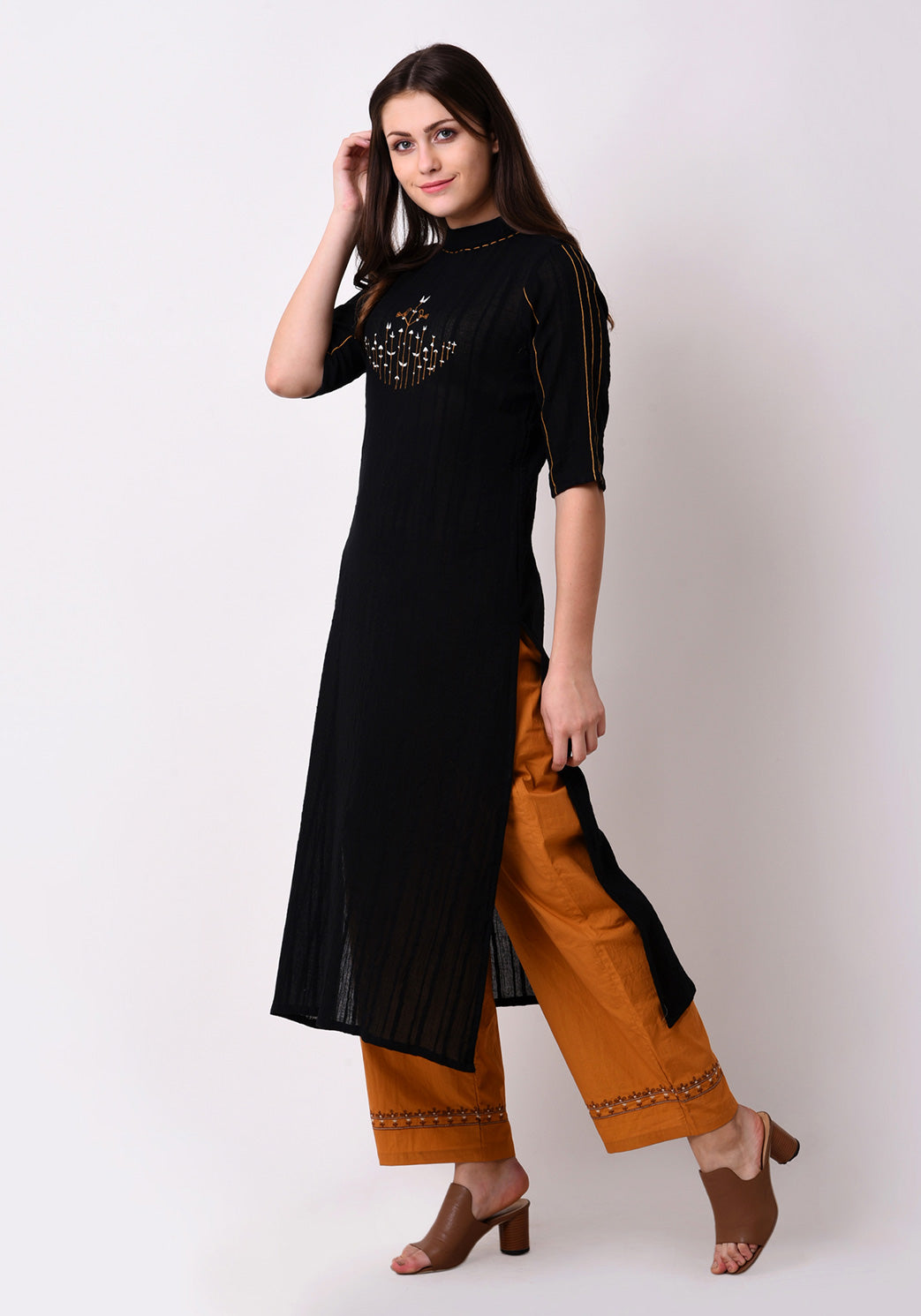 Turtle Neck Embroidered Kurta - Black