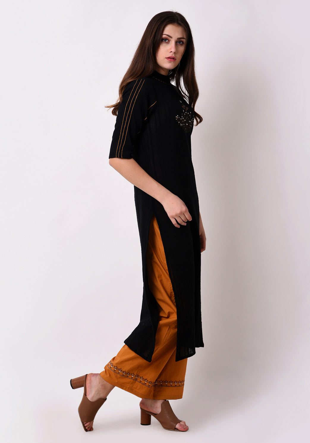 Turtle Neck Embroidered Kurta - Black