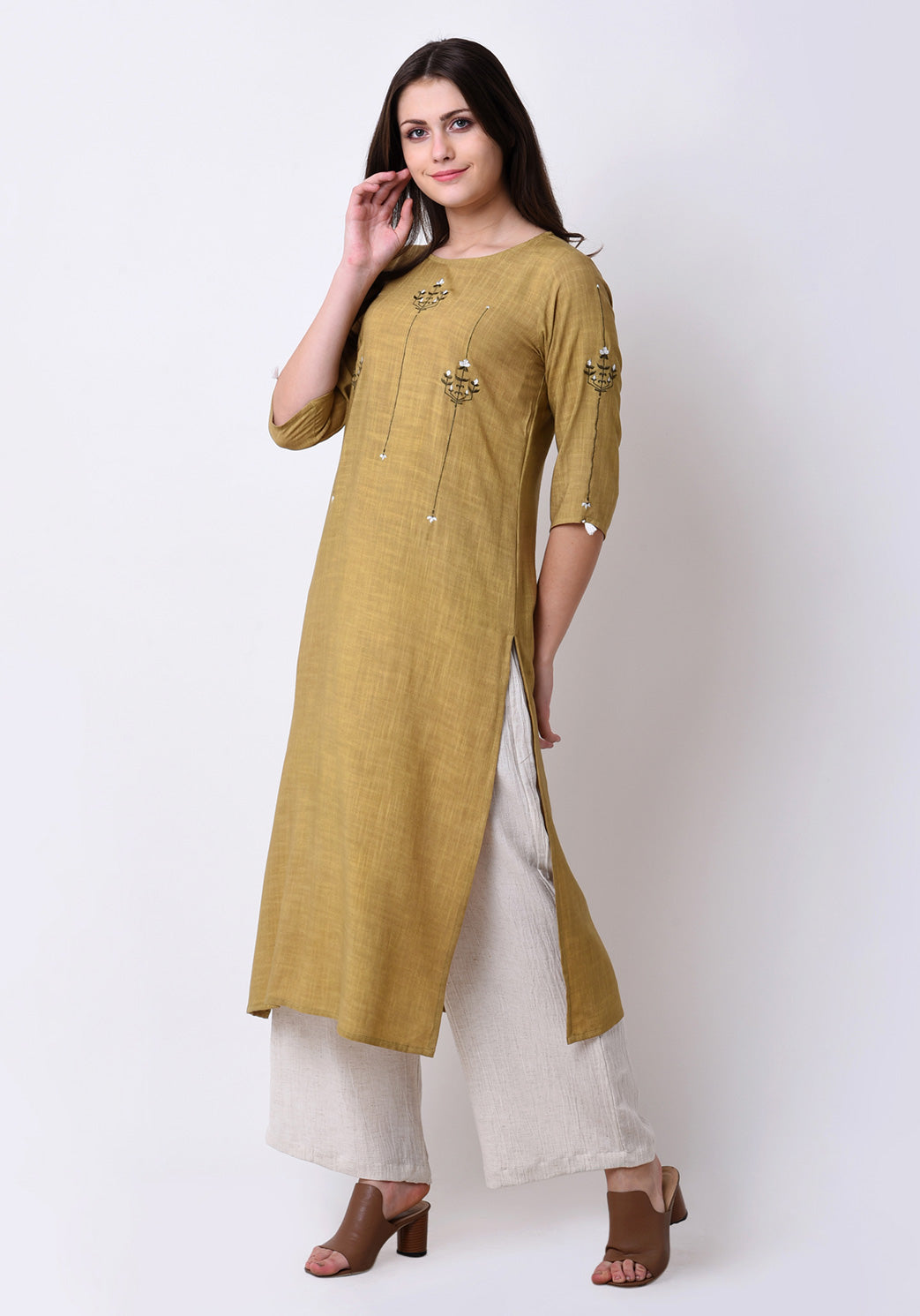 Slub Embroidered Kurta - Apple Green