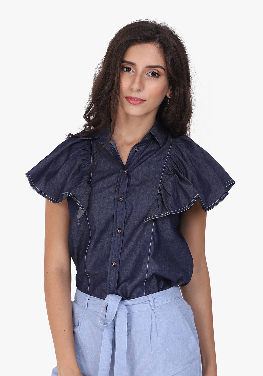 Denim Ruffled Sleeve Ombre Blue Shirt