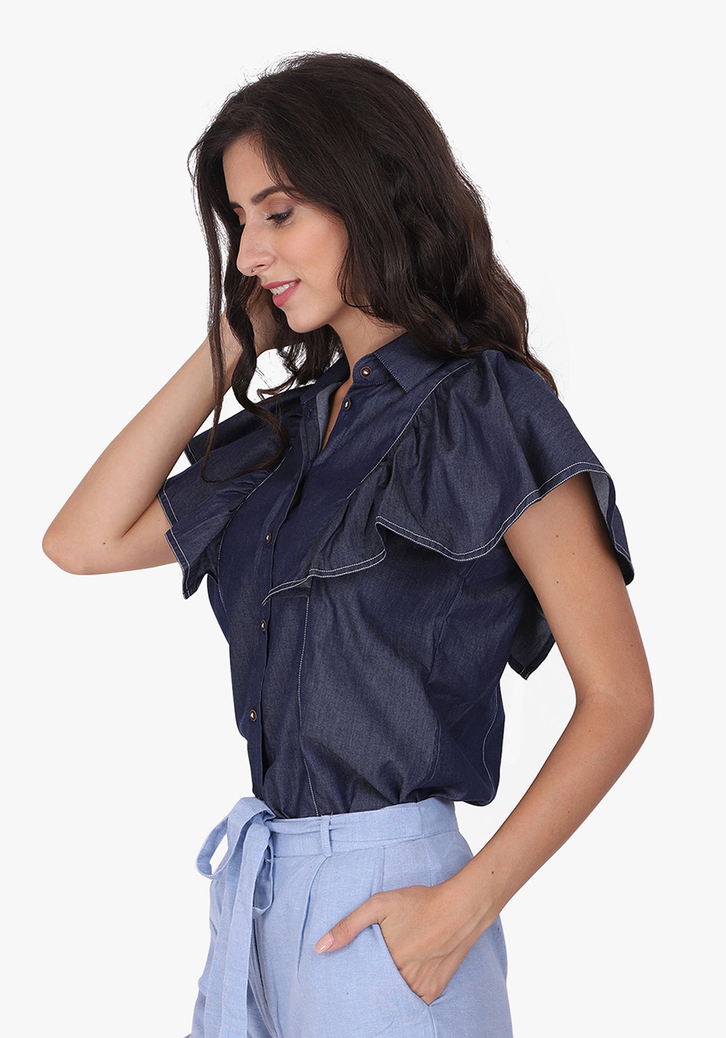 Denim Ruffled Sleeve Ombre Blue Shirt