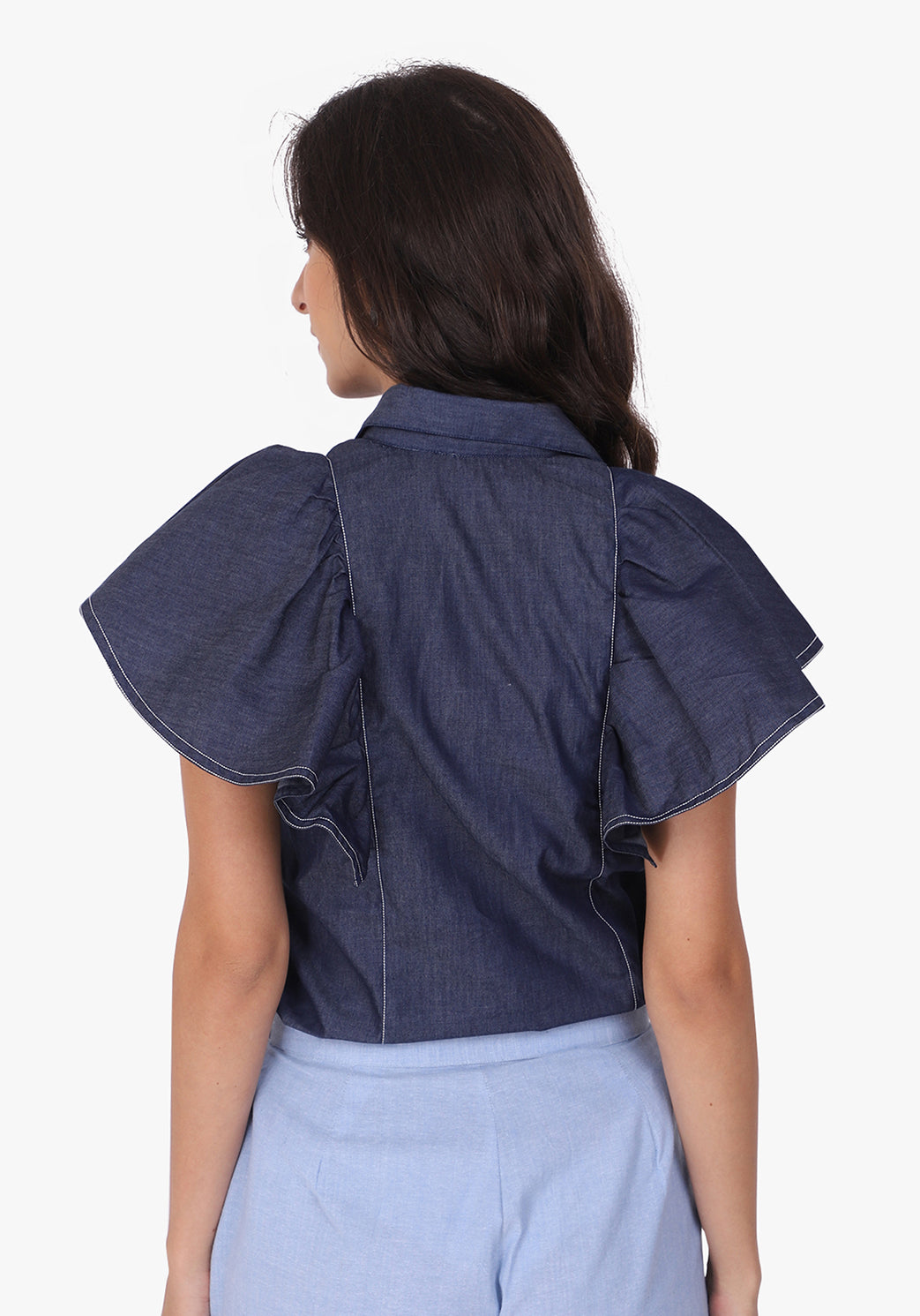 Denim Ruffled Sleeve Ombre Blue Shirt