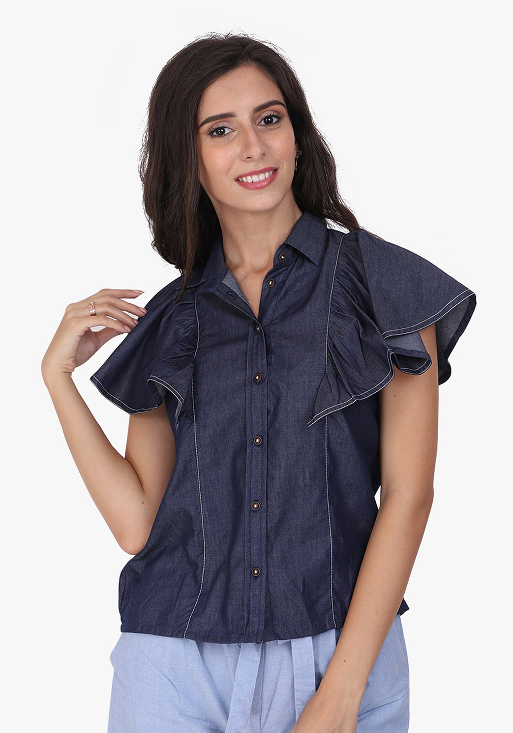 Denim Ruffled Sleeve Ombre Blue Shirt