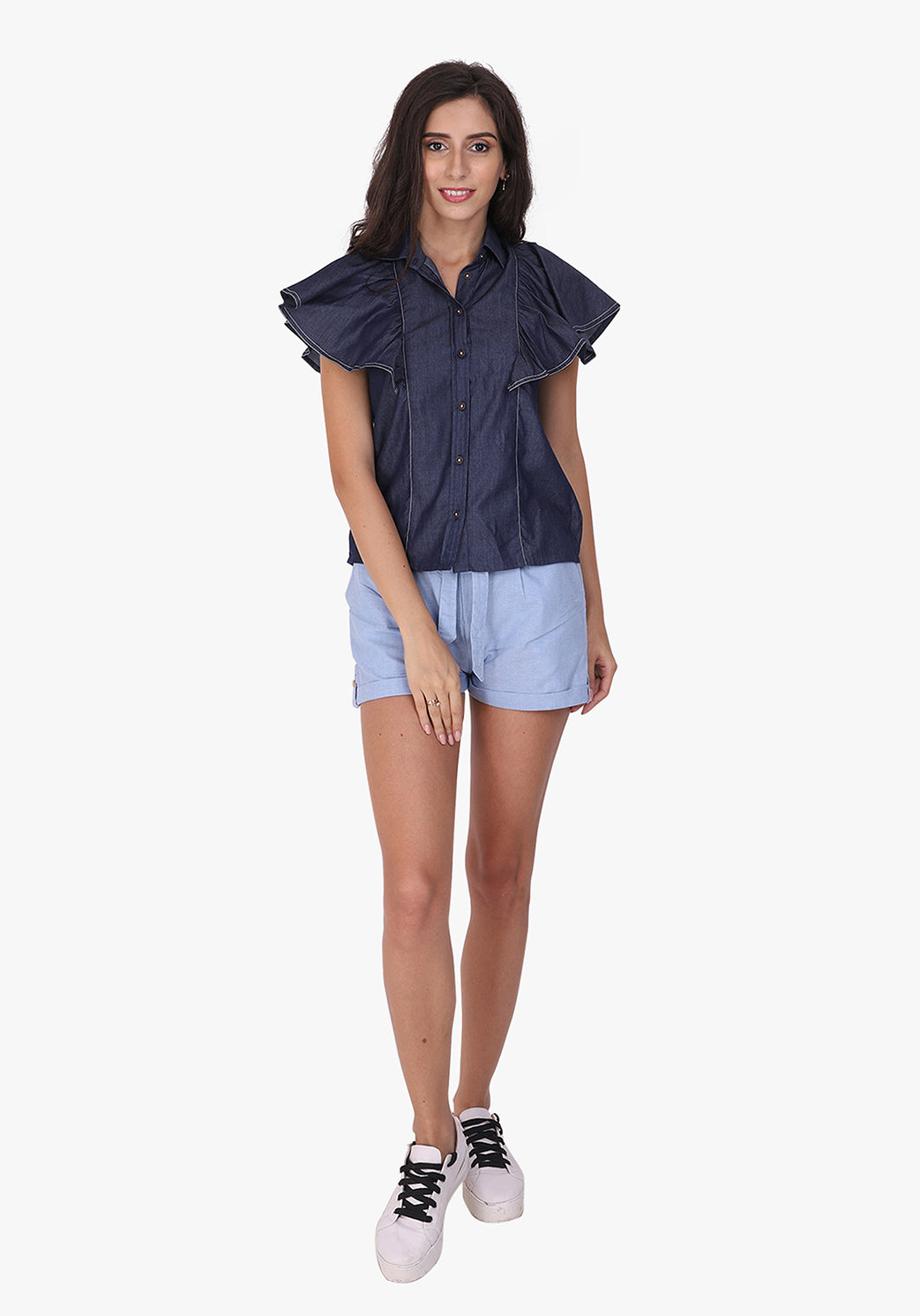 Denim Ruffled Sleeve Ombre Blue Shirt
