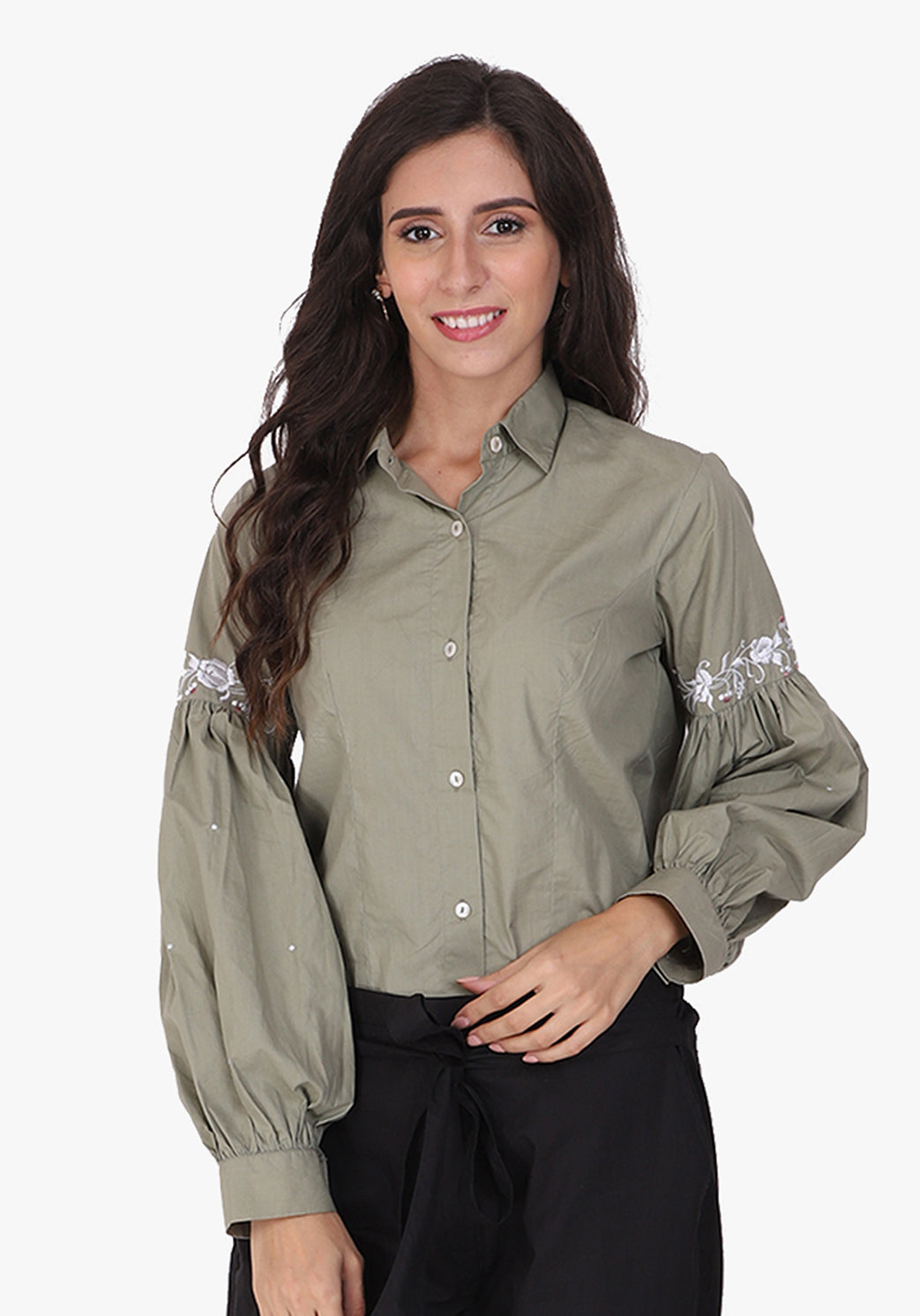 Embroidered Bishop Sleeve Fair Green Shirt