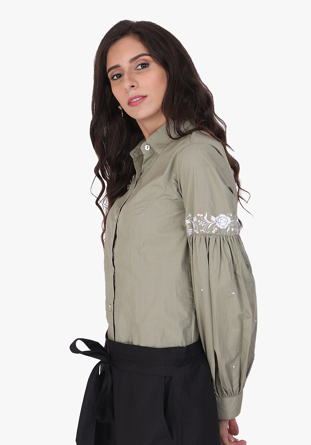 Embroidered Bishop Sleeve Fair Green Shirt