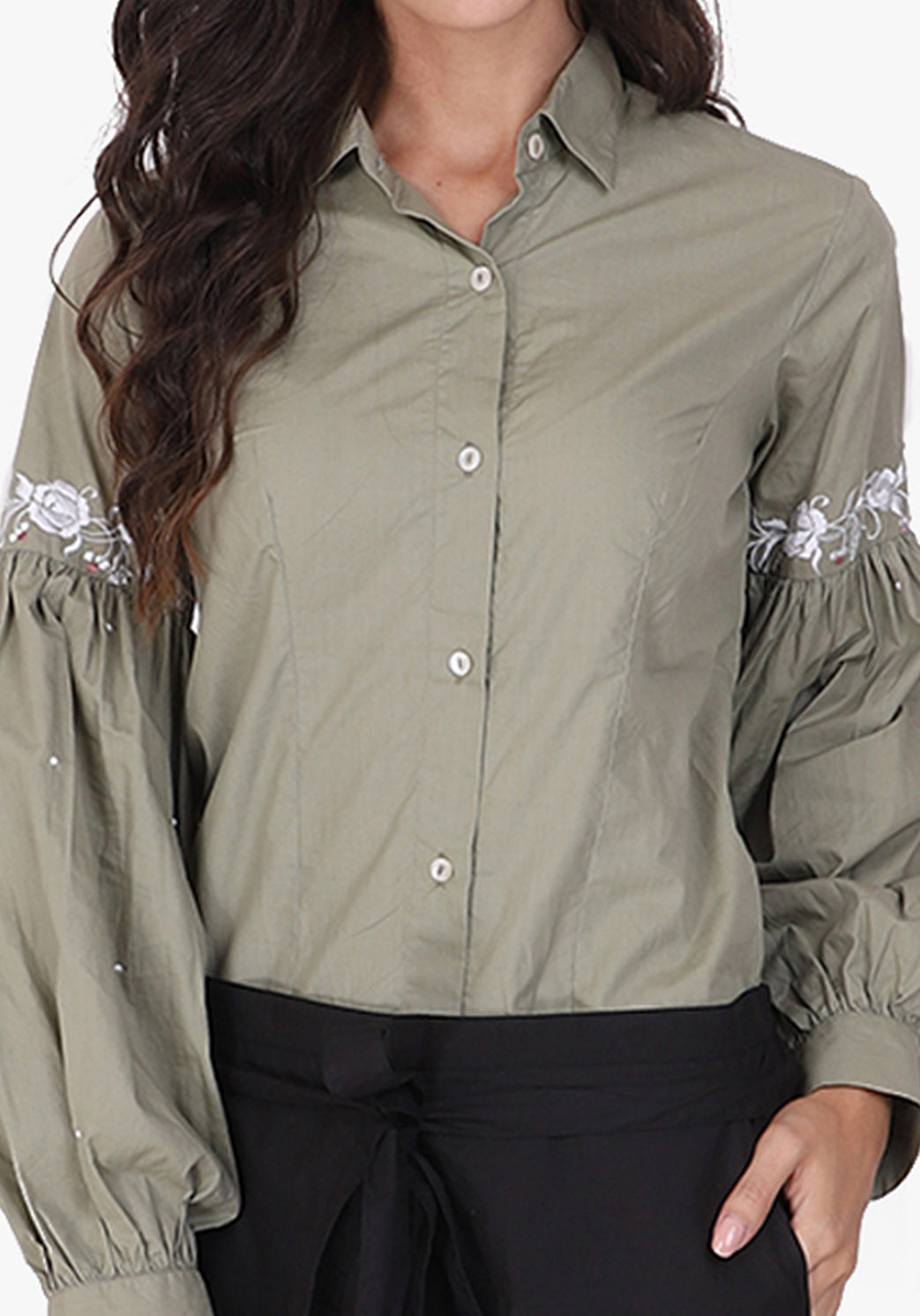 Embroidered Bishop Sleeve Fair Green Shirt