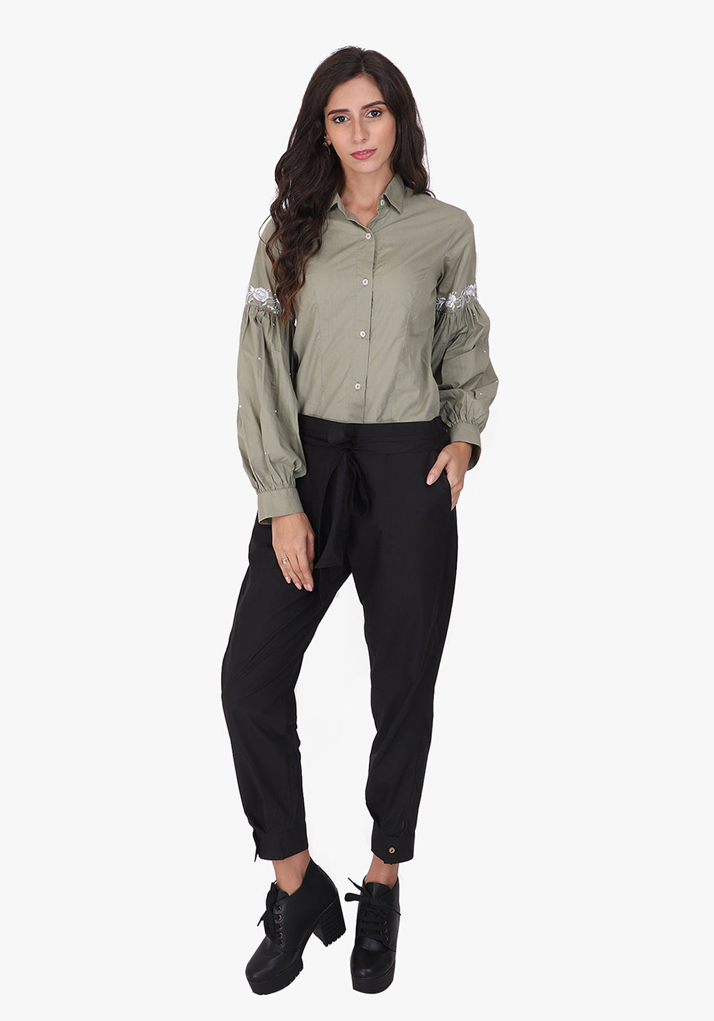 Embroidered Bishop Sleeve Fair Green Shirt