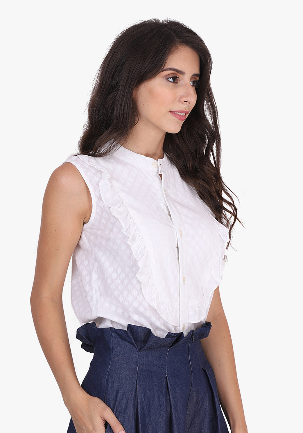 Dobby Frill Yoke White Shirt