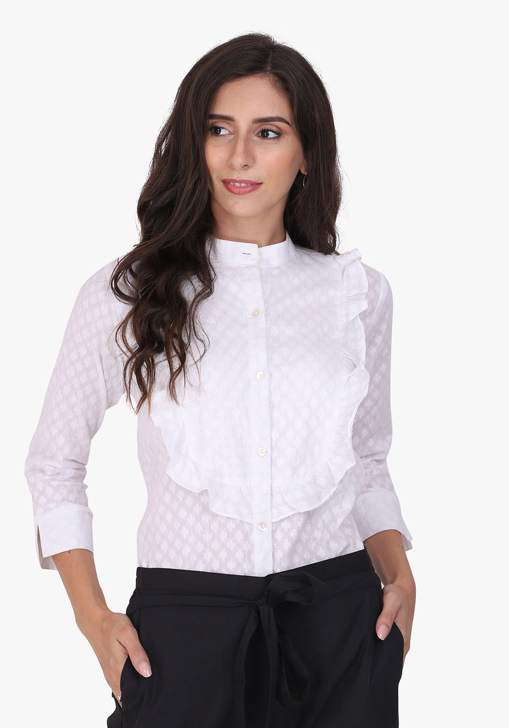 Dobby Frill Yoke White Full Sleeve Shirt