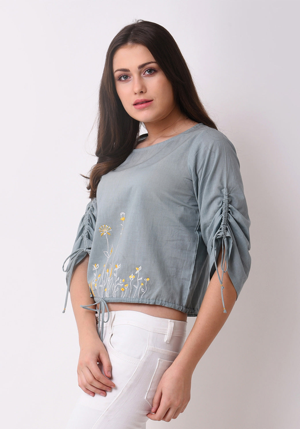 Floral Embroidered String Top - Pale Aqua