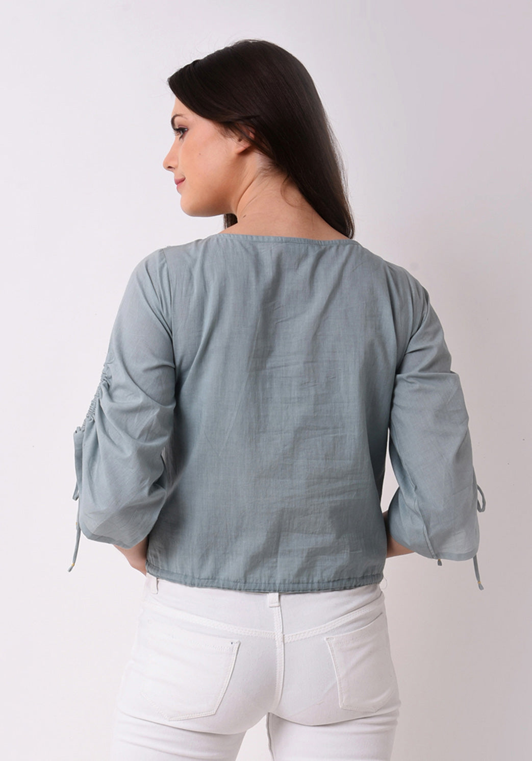 Floral Embroidered String Top - Pale Aqua