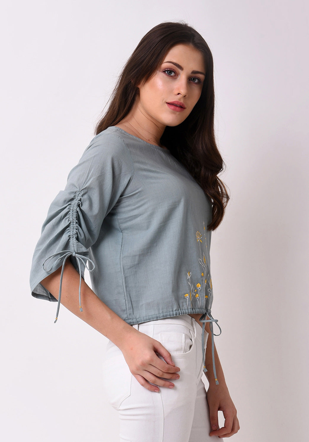 Floral Embroidered String Top - Pale Aqua