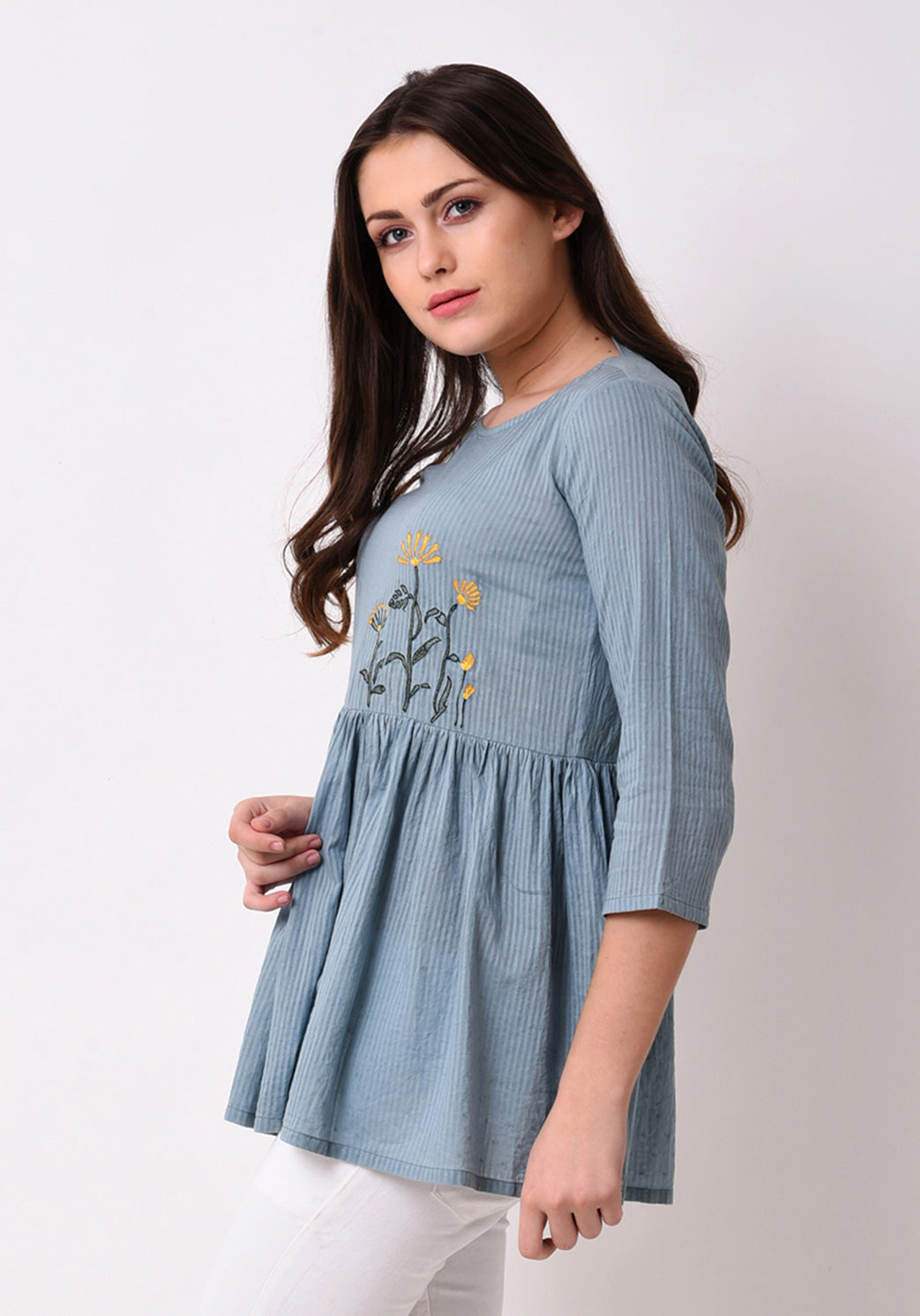 Stripe Dobby Embroidered Tunic - Pale Aqua