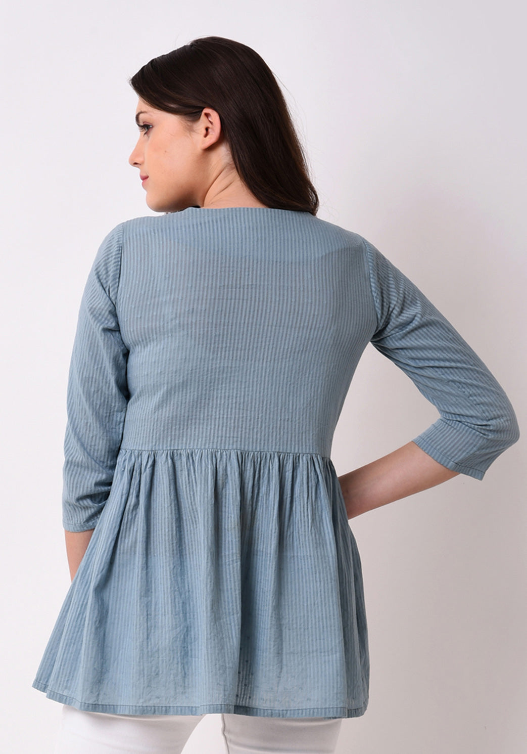 Stripe Dobby Embroidered Tunic - Pale Aqua