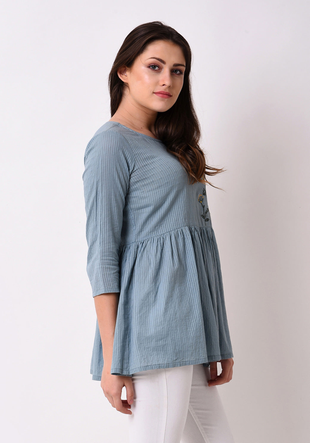 Stripe Dobby Embroidered Tunic - Pale Aqua