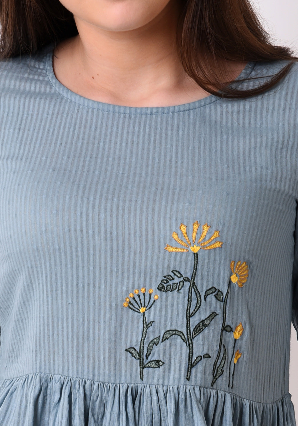 Stripe Dobby Embroidered Tunic - Pale Aqua