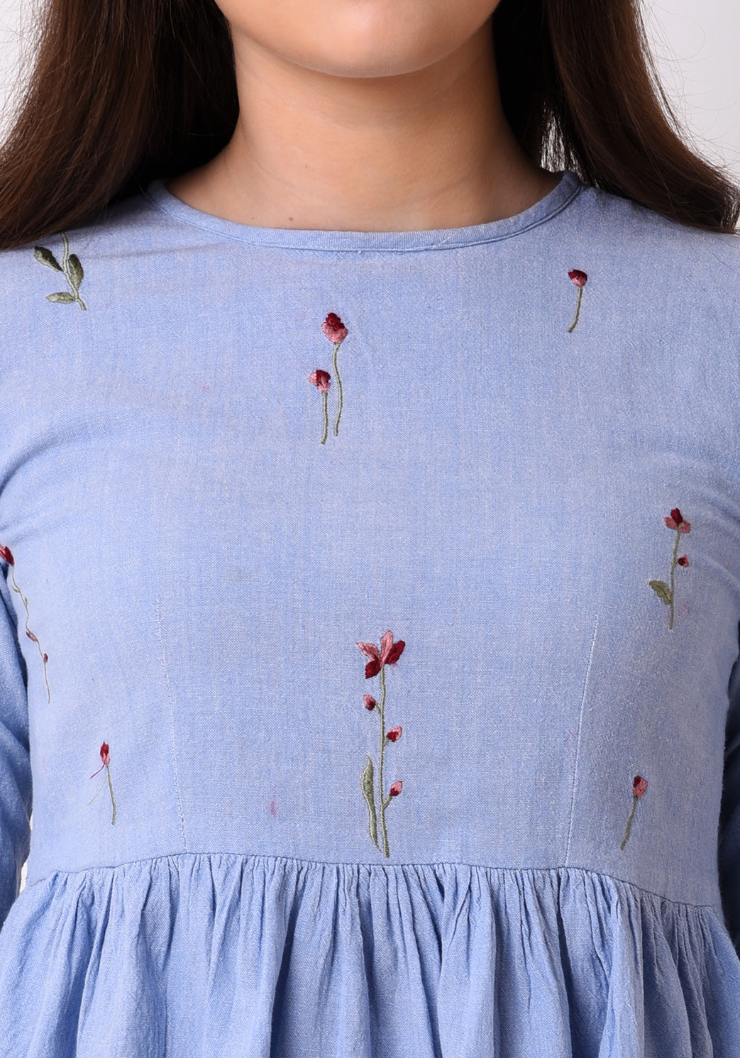 Floral Embroidered Chambray Top - Wan Blue