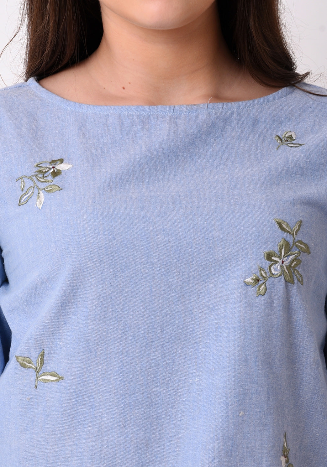 Chambray Floral Embroidered Top - Wan Blue