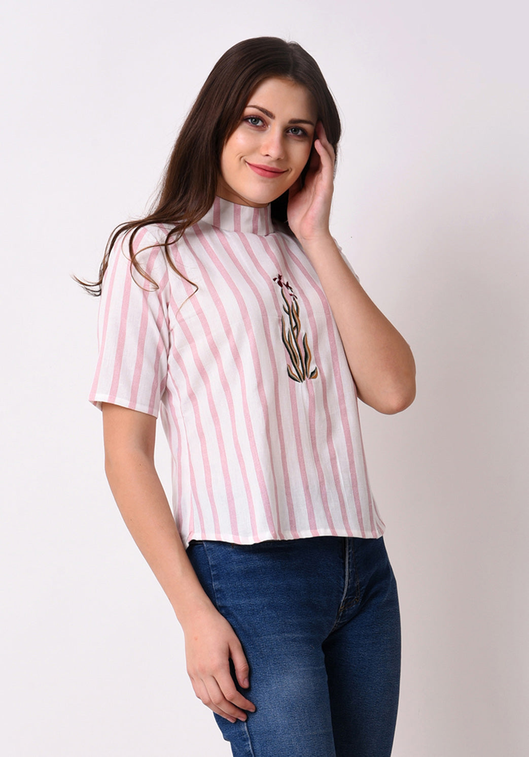 Striped Embroidered Back Button Top - Pale Blush