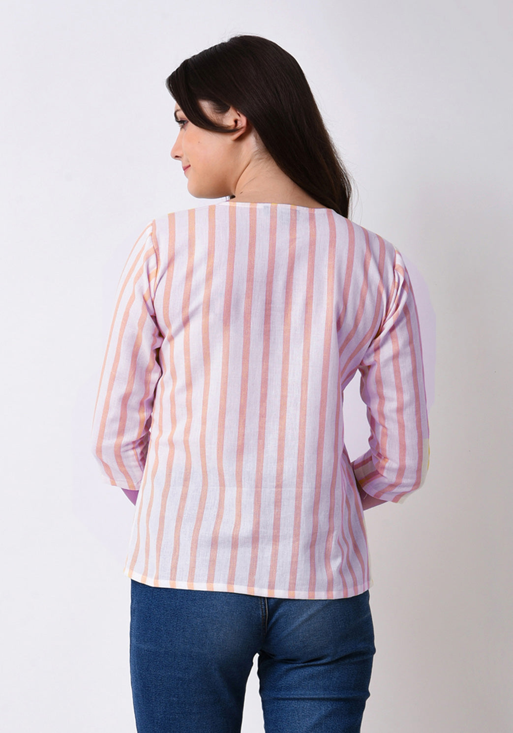 Striped Button Down Embroidered Top - Pale Blush
