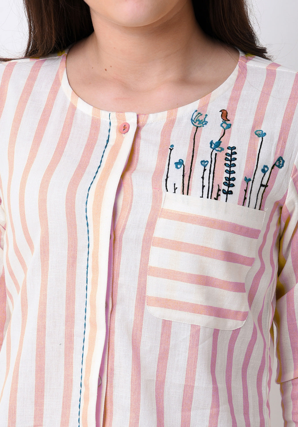 Striped Button Down Embroidered Top - Pale Blush