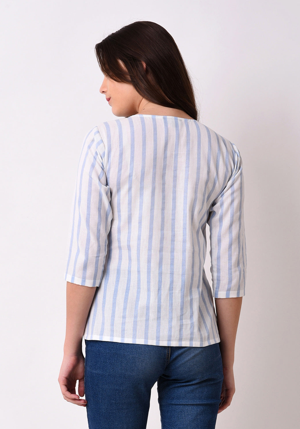 Button Down Embroidered Top - Wan Blue