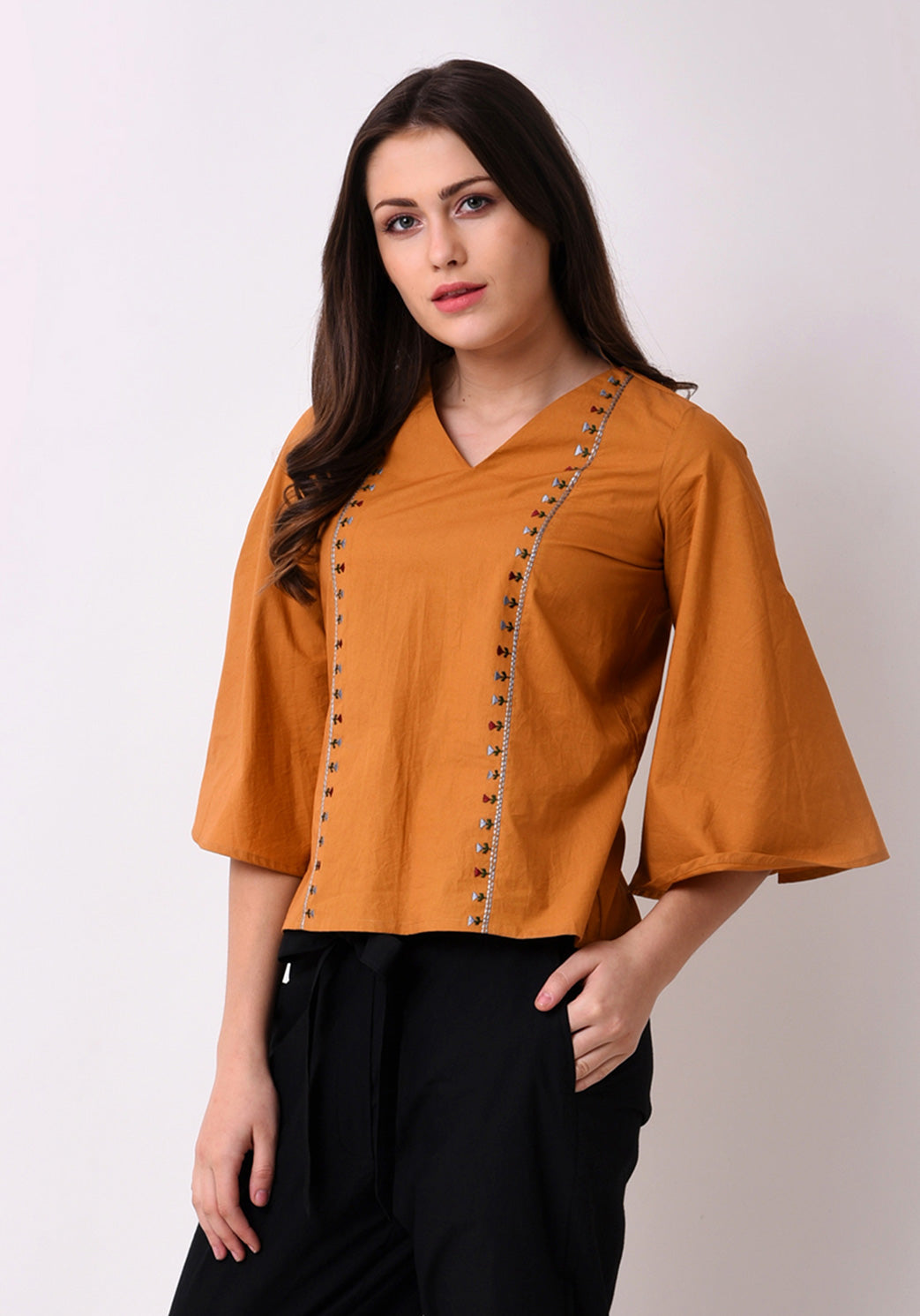 Tribal Embroidered Top - Mustard