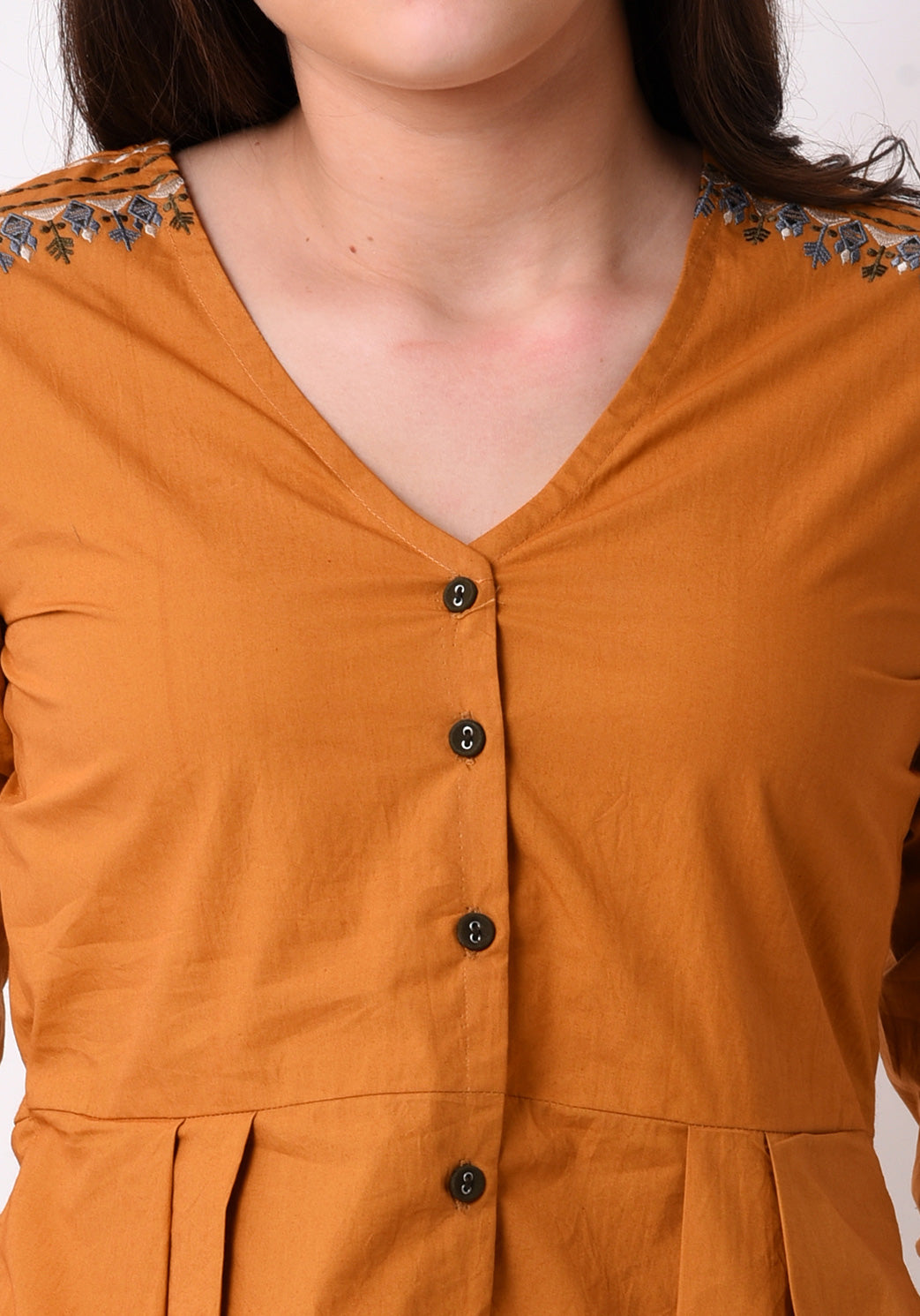 Pleated Embroidered Top- Mustard