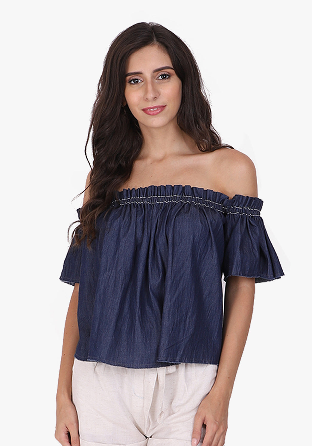 Denim Off-shoulder Ombre Blue Top