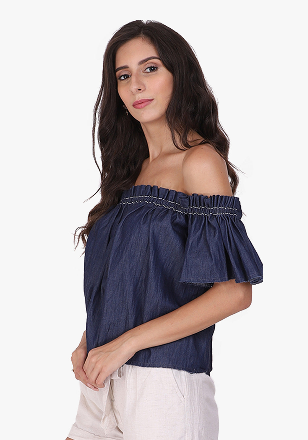 Denim Off-shoulder Ombre Blue Top