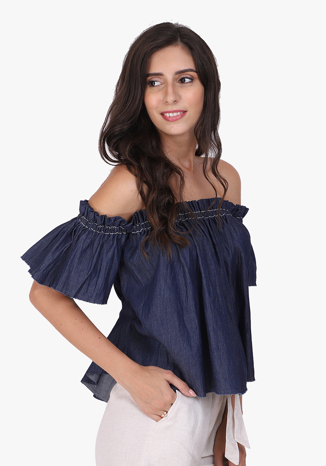 Denim Off-shoulder Ombre Blue Top