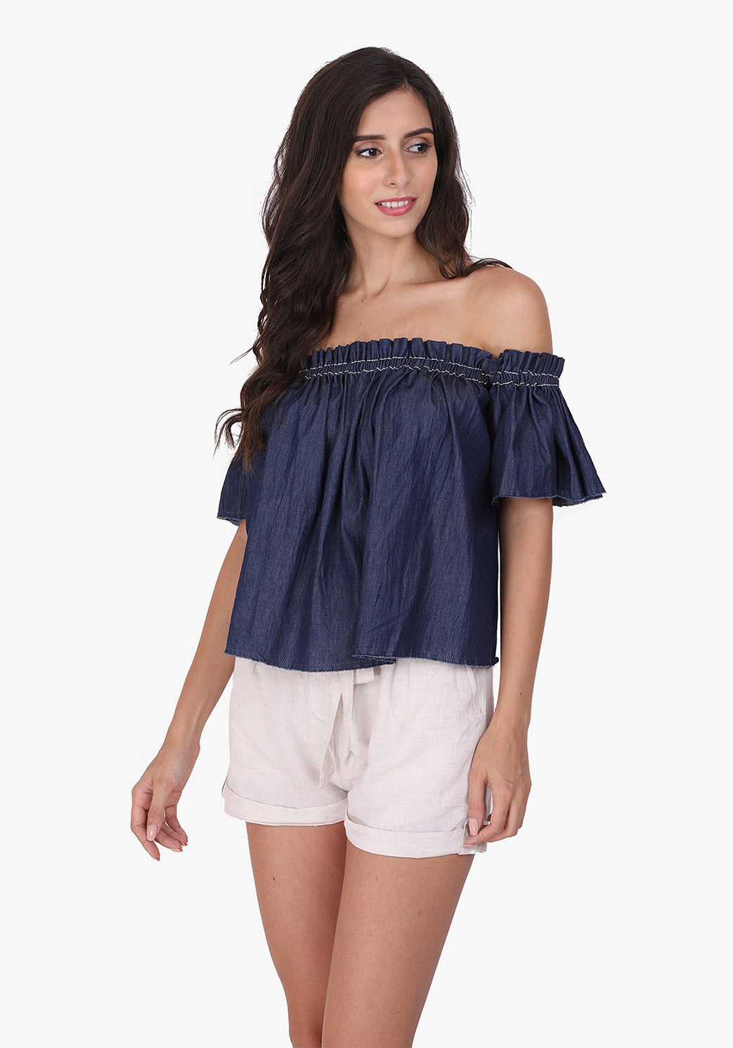 Denim Off-shoulder Ombre Blue Top