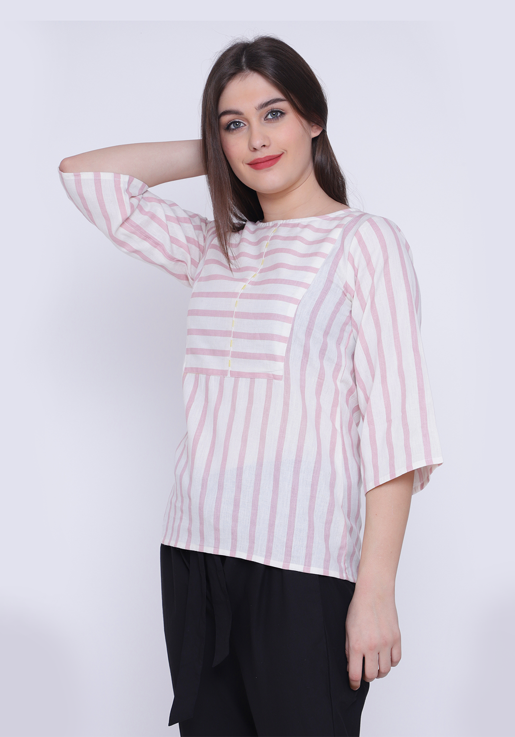 Yoke Detail Striped Pale Blush Top