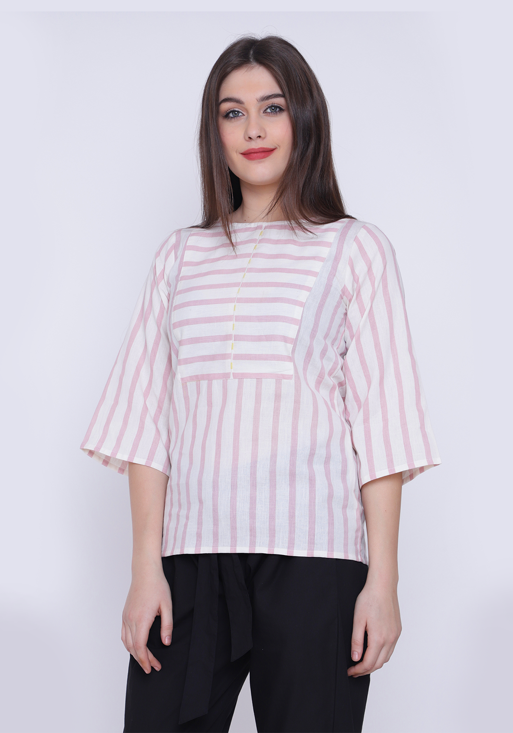 Yoke Detail Striped Pale Blush Top
