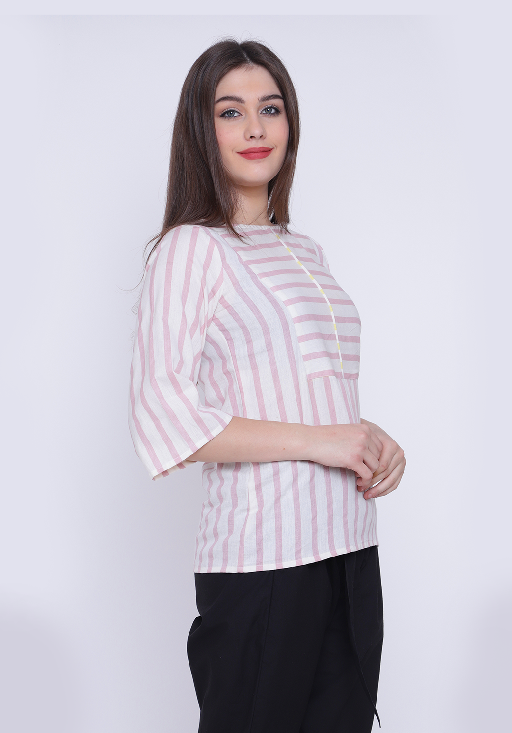 Yoke Detail Striped Pale Blush Top