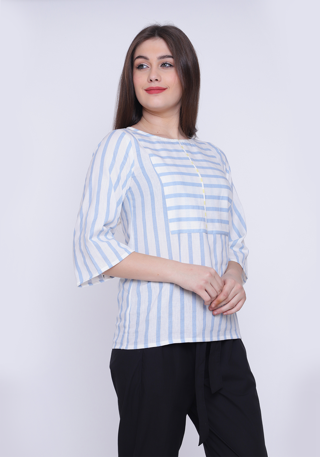 Yoke Detail Striped Wan Blue Top