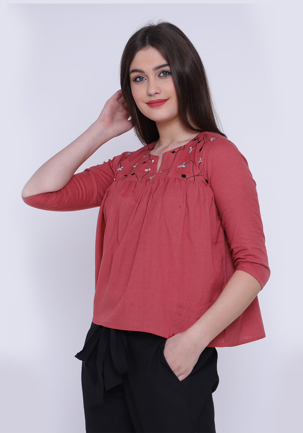 Gathered Embroidered Dusty Cedar Top