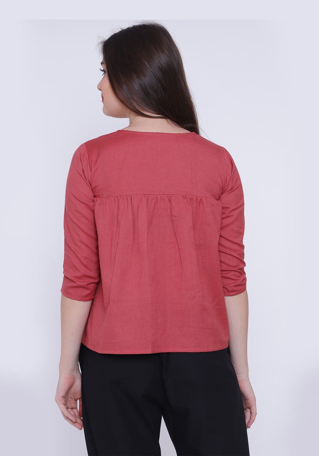 Gathered Embroidered Dusty Cedar Top