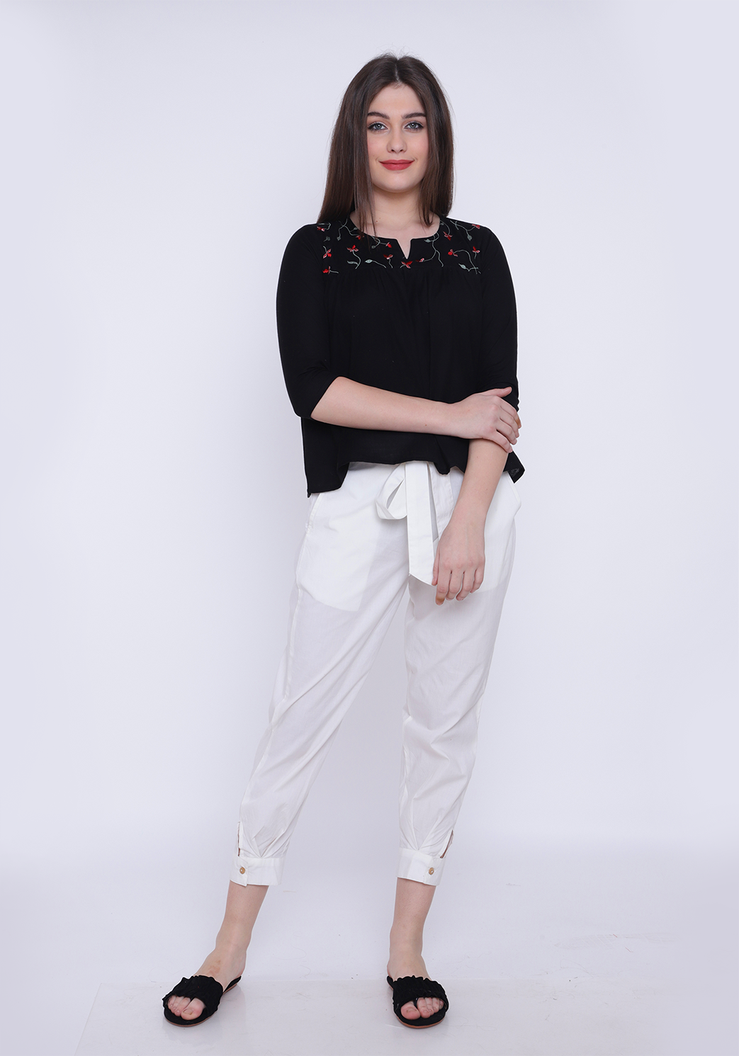 Gathered Embroidered Black Top