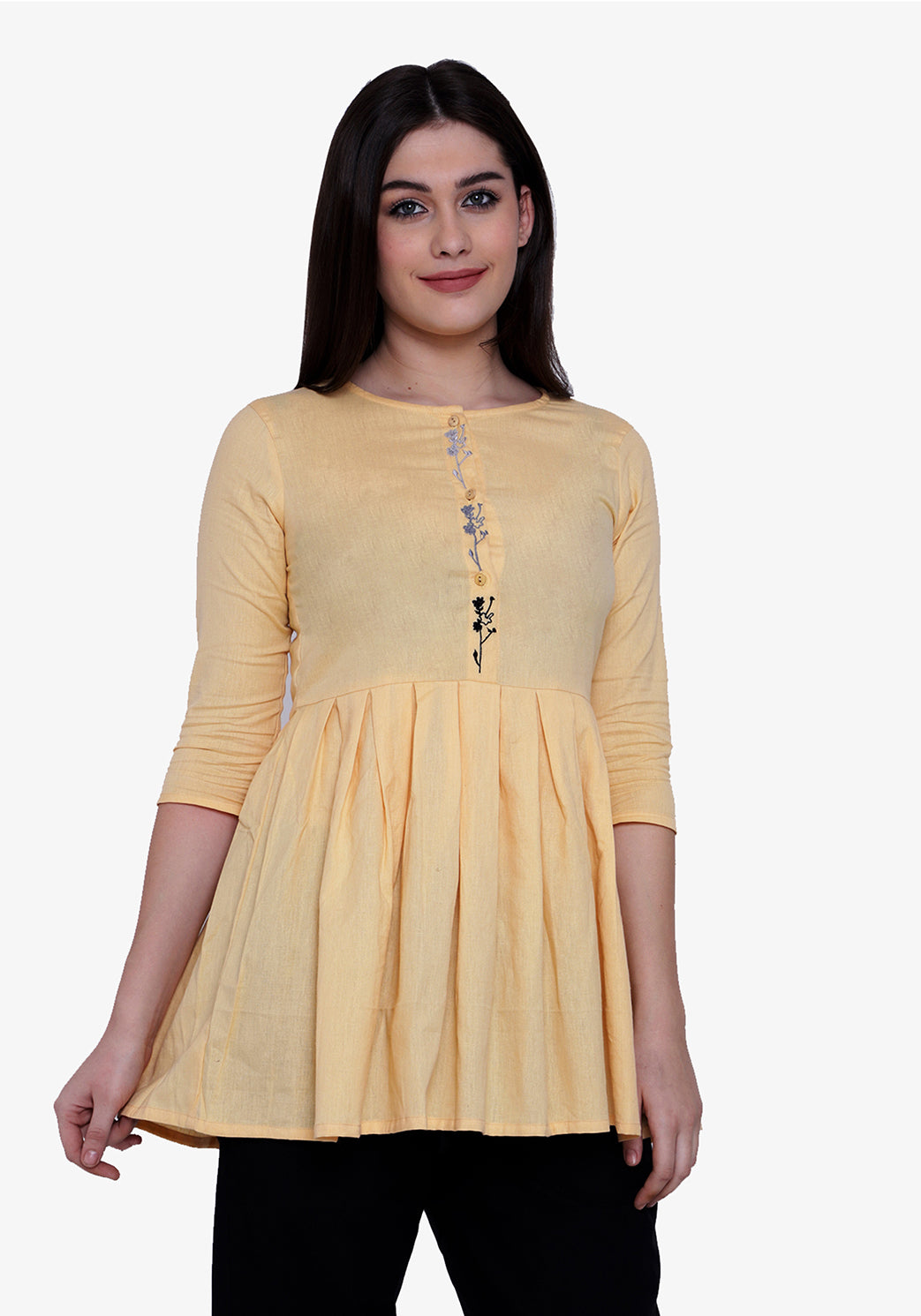 Button Down Embroidered Mellow Yellow Tunic