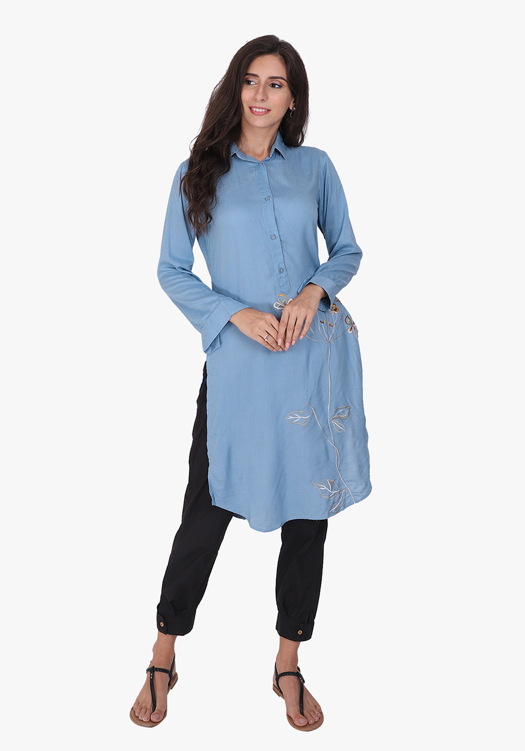 Statement Embroidered Faded Denim Floral Tunic