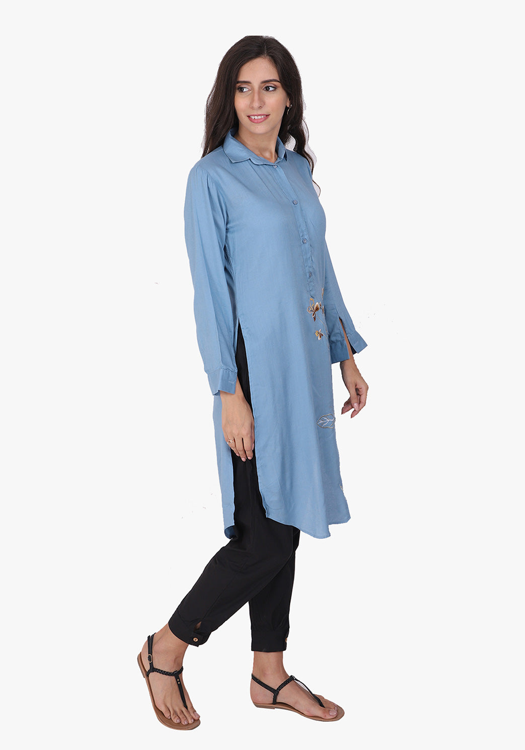 Statement Embroidered Faded Denim Floral Tunic