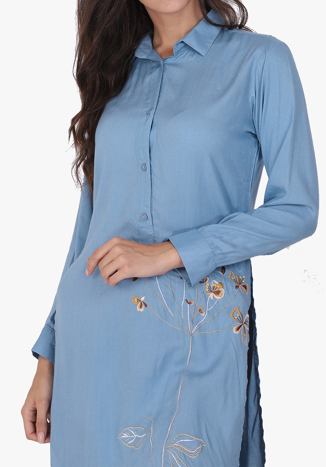 Statement Embroidered Faded Denim Floral Tunic
