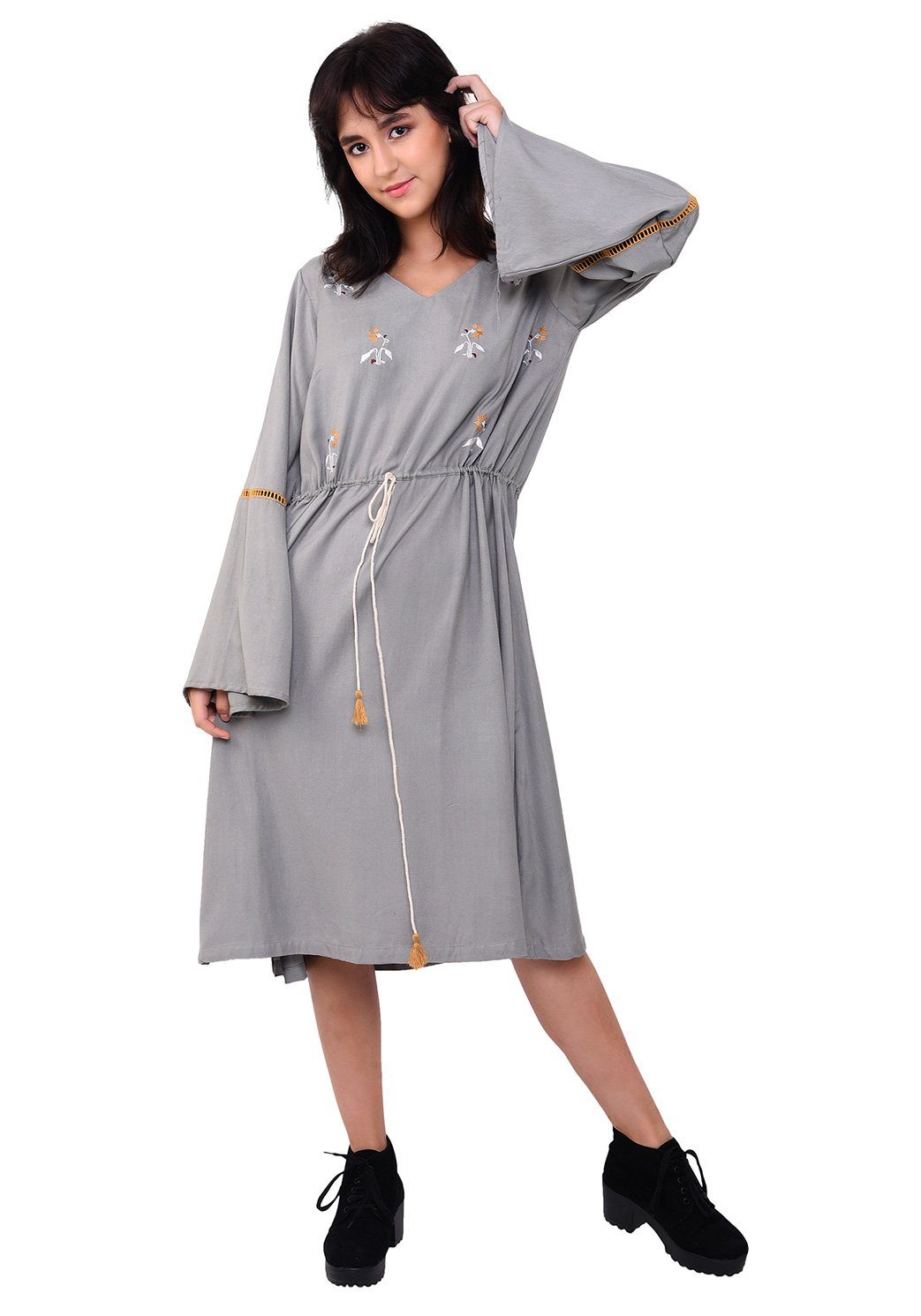 Tie-up Bohemian Dress - Grey Dress VRITTA