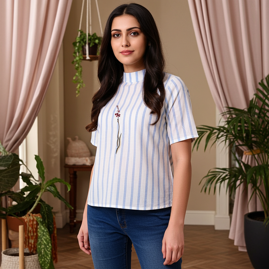 Striped Embroidered Back Button Top - Wan Blue