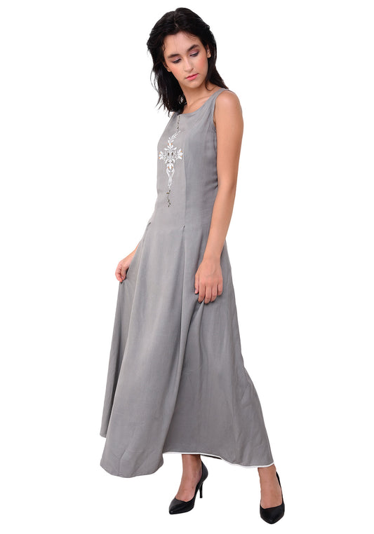 Floral Embroidered Maxi Dress - Grey