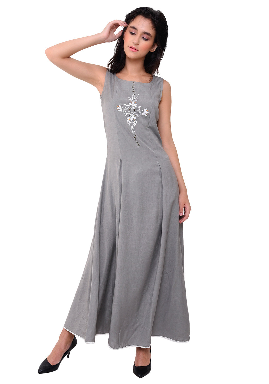 Floral Embroidered Maxi Dress - Grey