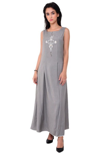 Floral Embroidered Maxi Dress - Grey