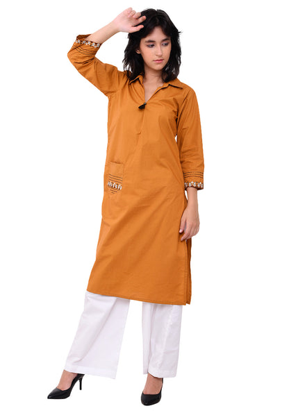 Front Patch Pocket Emroidered Kurta - Mustard